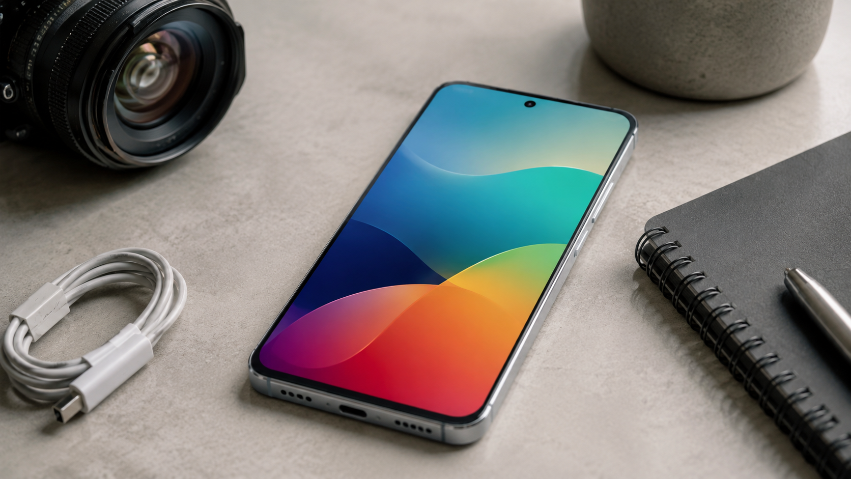 Celular ao lado de acessórios para ilustrar desempenho e bateria