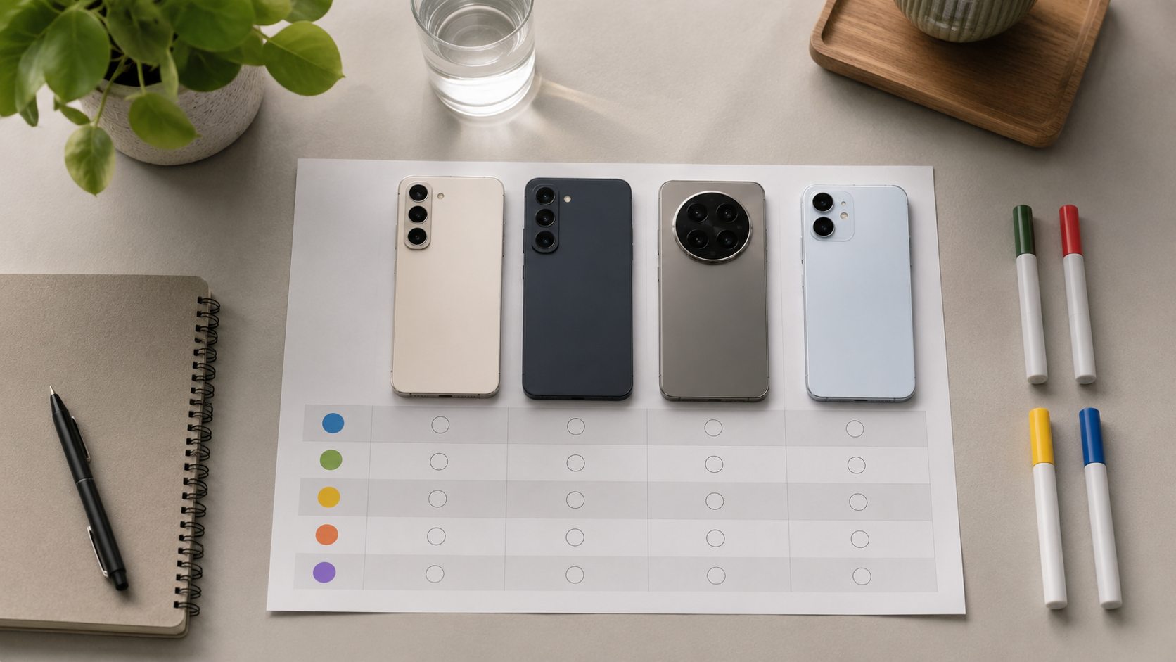 Mesa com celulares e anotações para representar comparação por perfil
