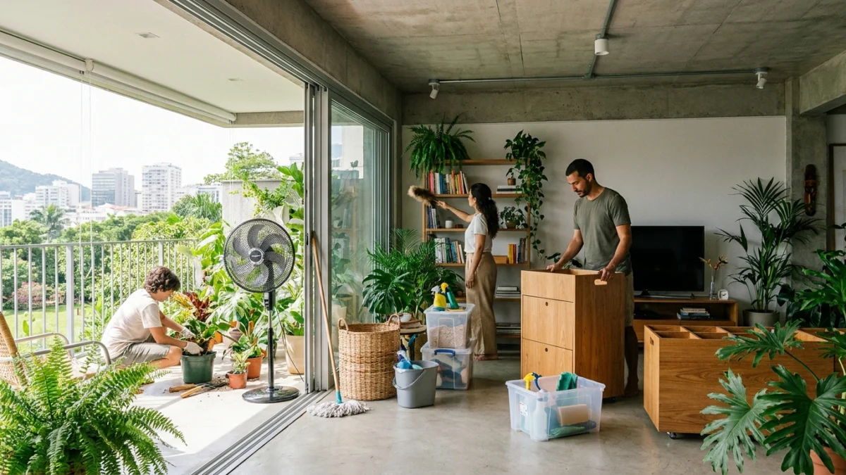 Sala e varanda com itens de limpeza, organização e plantas que representam a preparação da casa para a primavera.
