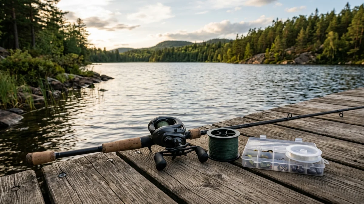 Montagem editorial com carretilha e linha de pesca para contextualizar escolhas por ambiente e técnica.
