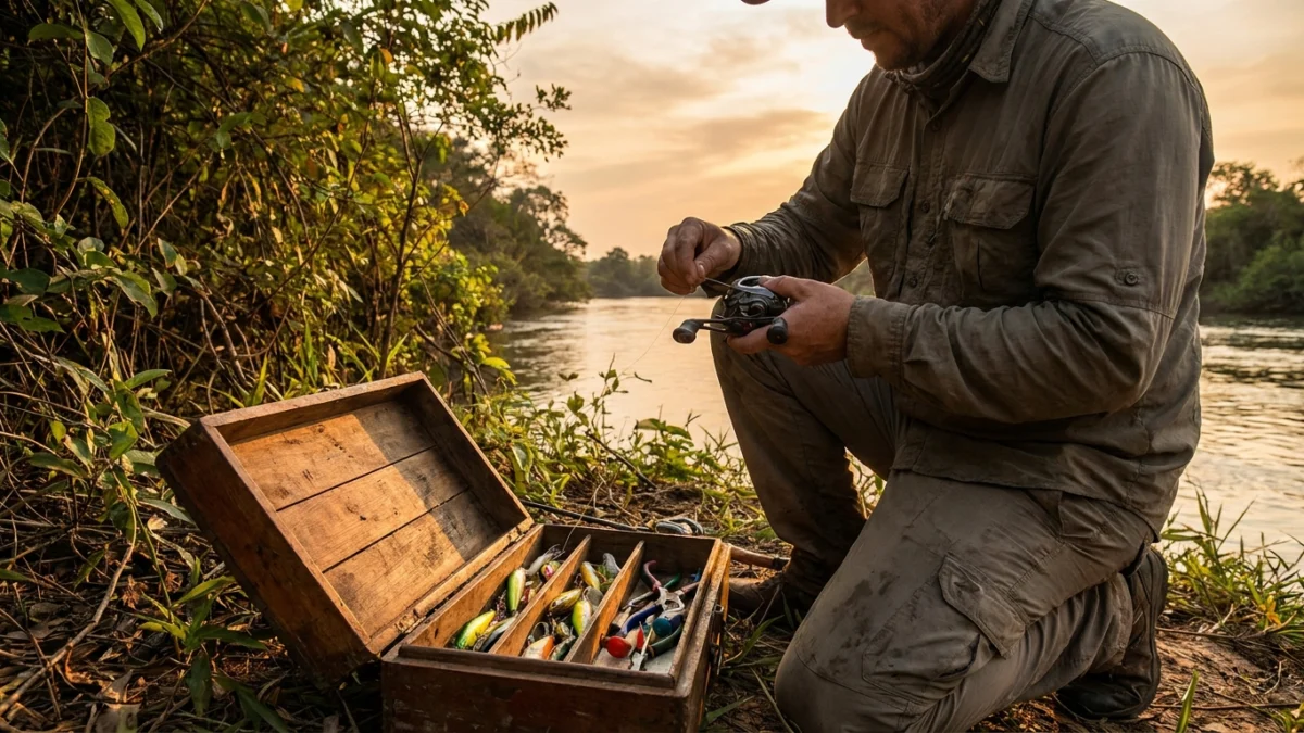 Pescador organizando carretilha e iscas à beira de um rio, em cenário de água doce.