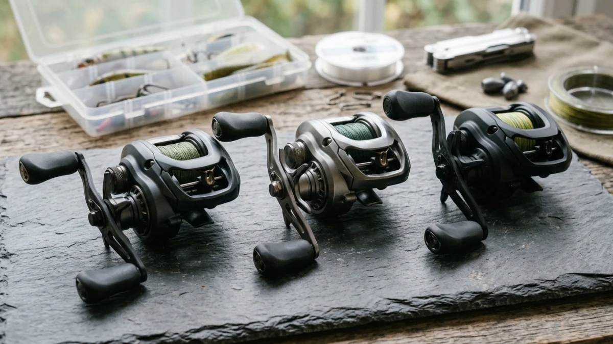 Três carretilhas de perfil baixo em uma composição editorial que ajuda a comparar opções para diferentes tipos de pesca.
