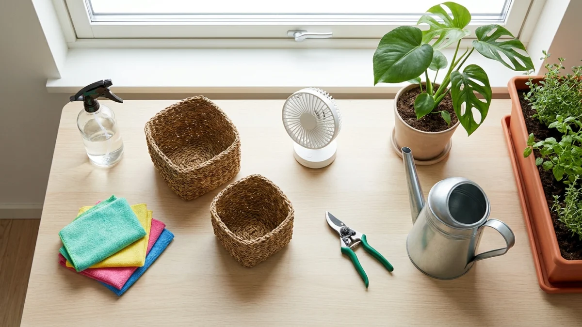 Conjunto de itens úteis para limpeza, organização, ventilação e jardim em uma mesa clara.