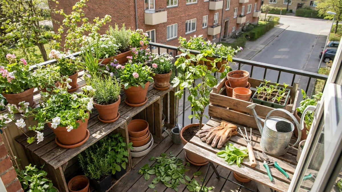 Varanda com ferramentas básicas para cuidar de vasos e pequenas plantas.