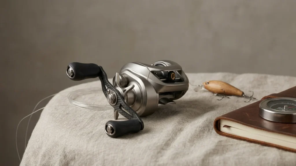 Carretilha de pesca em destaque sobre fundo neutro, com visual editorial limpo.