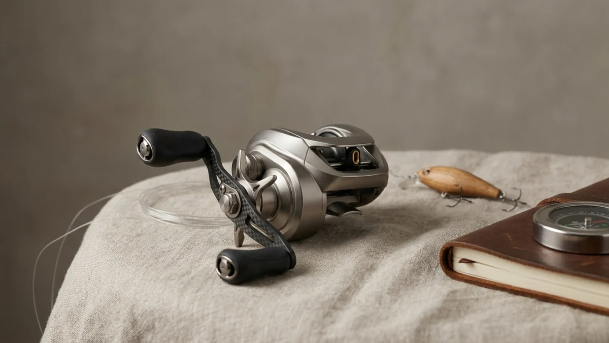 Carretilha de pesca em destaque sobre fundo neutro, com visual editorial limpo.
