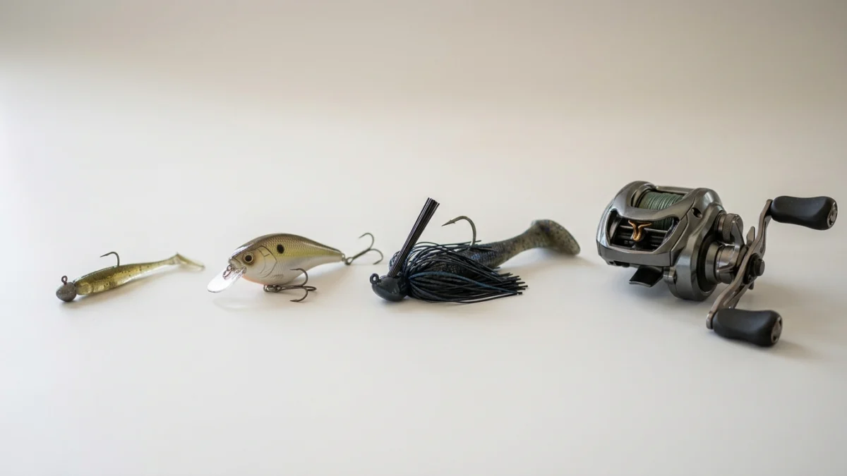 Comparação visual entre iscas leves, médias e pesadas ao lado de uma carretilha de pesca.