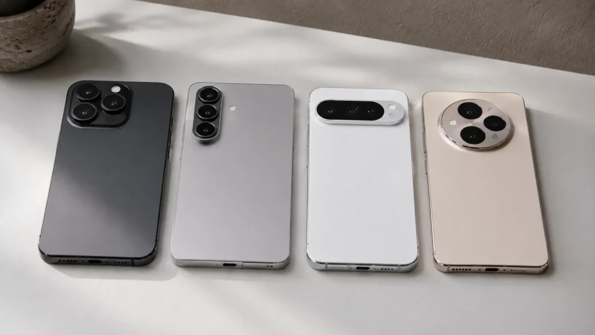 Seleção de smartphones premium em composição editorial limpa