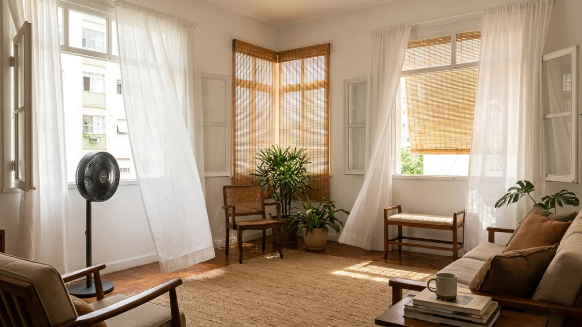 Sala arejada com ventilação natural e ventilador posicionado para conforto térmico.